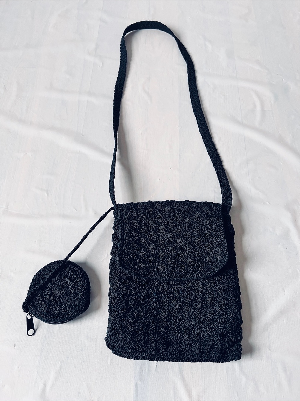 Vintage black Crochet Crossbody Purse with Attached Coin Purse Rayon Corde nWOT